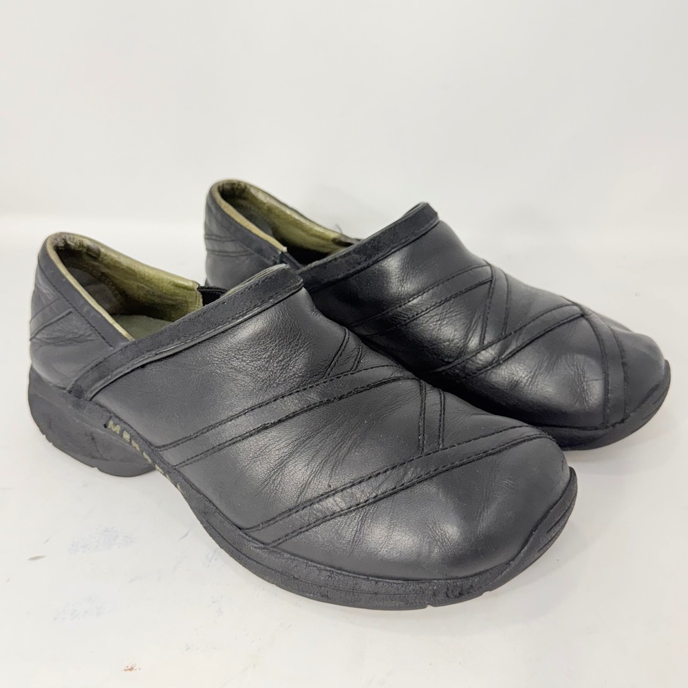 Merrell Primo Patch Black Leather Clogs Womens 9 Air Cushion Slip On J53786